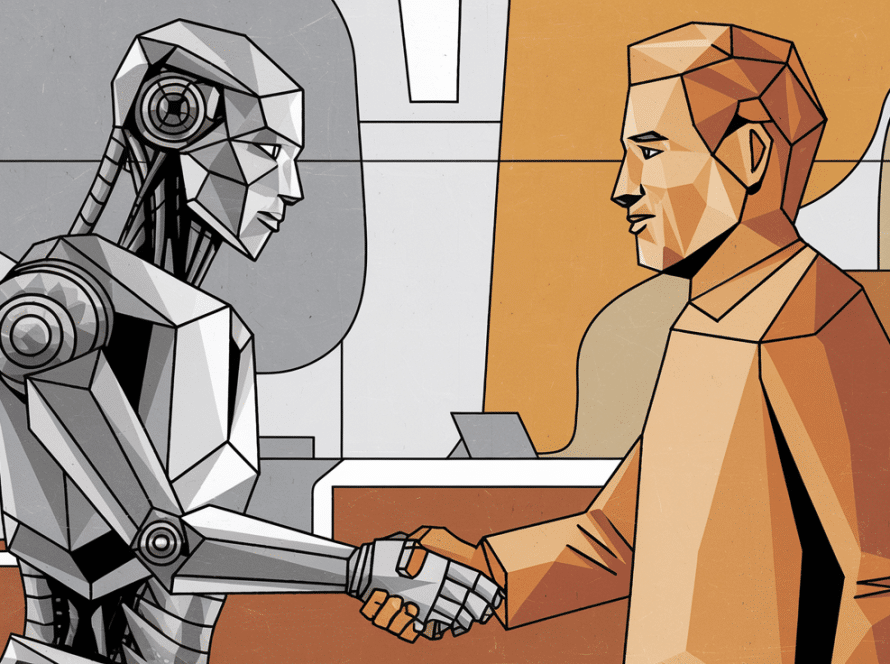 A robot and human shaking hands, representing AI collaboration.