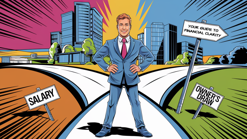 Business owner at a crossroads choosing between "Salary" and "Owner's Draw."