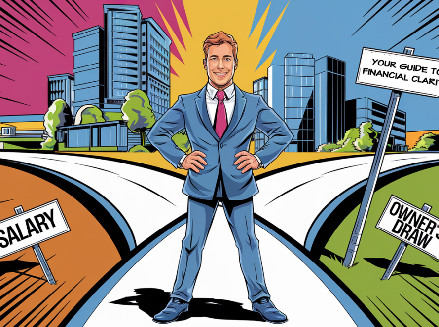Business owner at a crossroads choosing between "Salary" and "Owner's Draw."