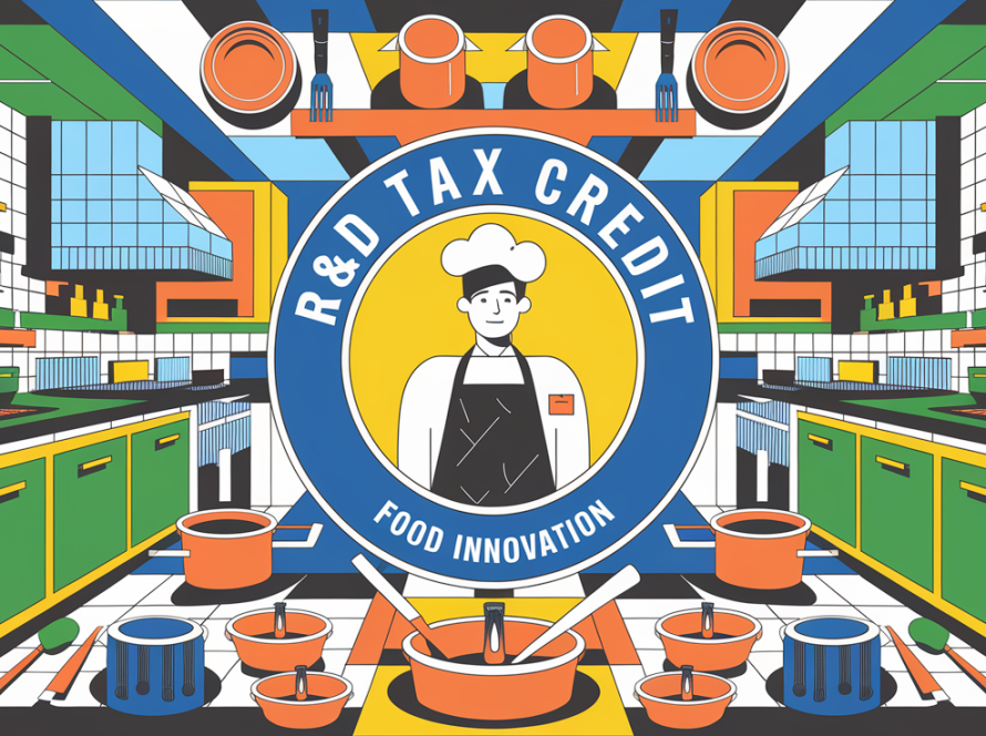 A block illustration of a chef surrounded by icons representing food innovation, R&D, and tax breaks.