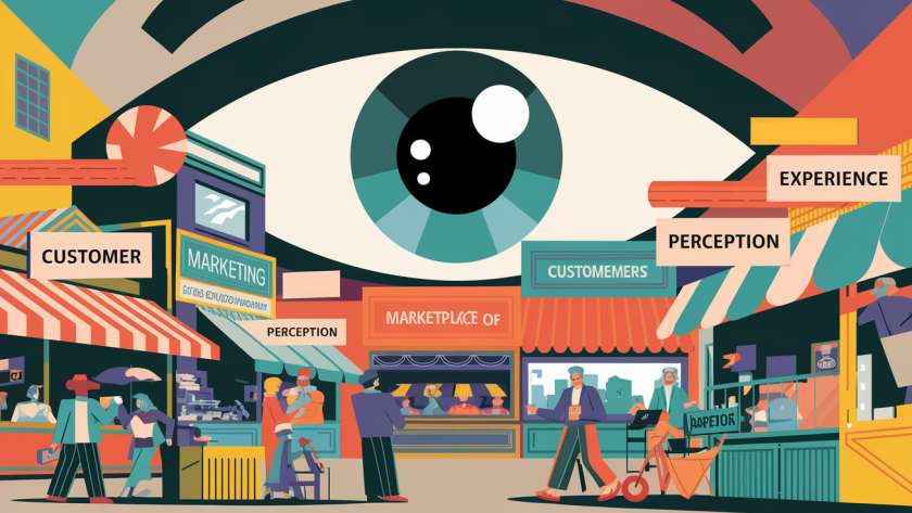 A large eye observes a busy marketplace with signs emphasizing "Customer," "Experience," and "Perception."