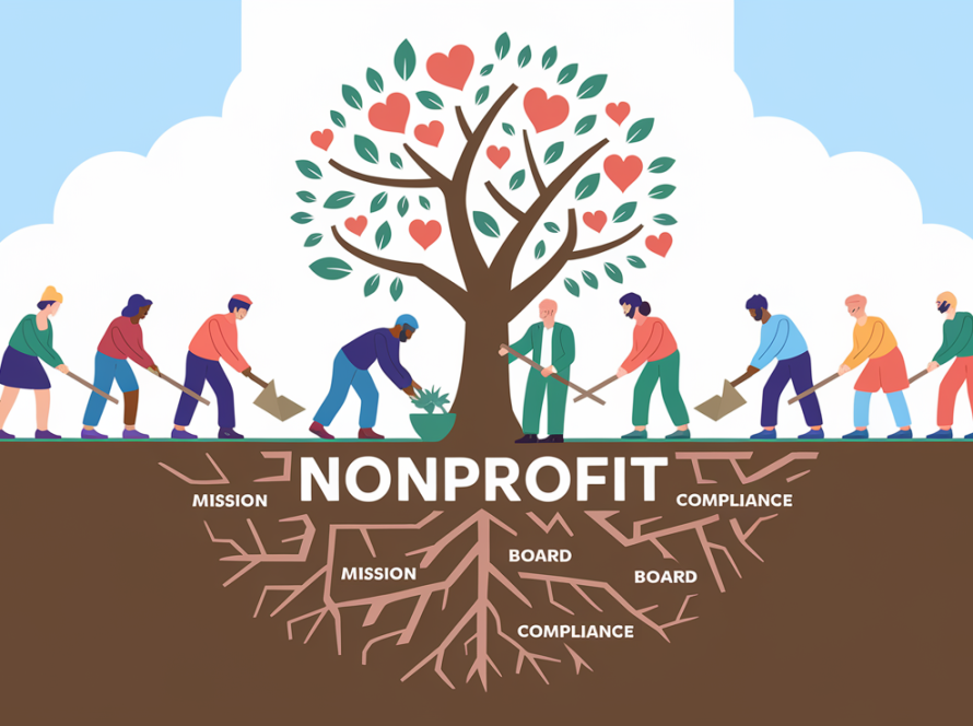 People planting a tree labeled "Nonprofit."
