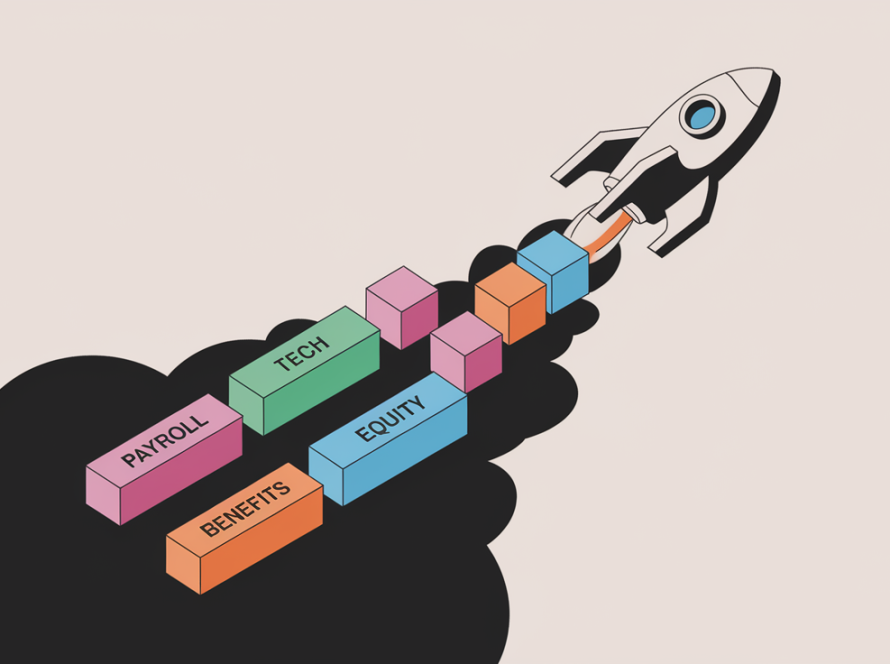 A rocket labeled "Tech Startup" launching upwards, leaving a trail of blocks labeled "Payroll," "Benefits," and "Equity."