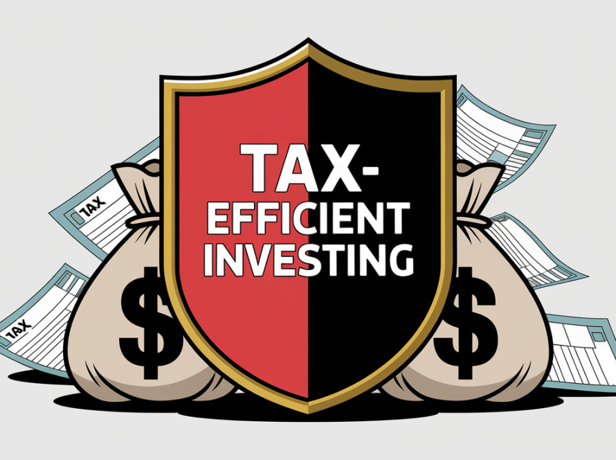 A block illustration showing a shield protecting money bags from falling tax forms, representing tax-efficient investing.