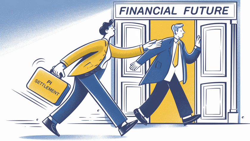 A person with a "PI Settlement" briefcase being guided towards "Financial Future" by a tax professional.