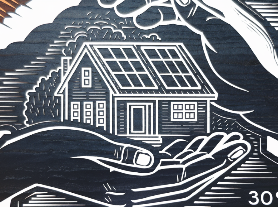 A house with solar panels being protected by a large hand.