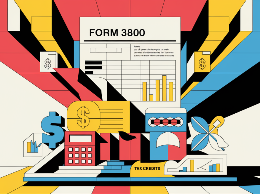 Flat design illustration of a computer screen displaying Form 3800 with interactive elements and tooltips, highlighting the keyword "Business Taxes."