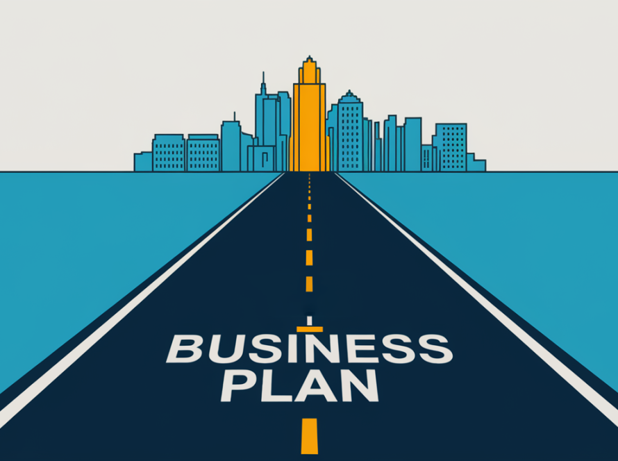 Block illustration of a roadmap to success with a city skyline in the background.