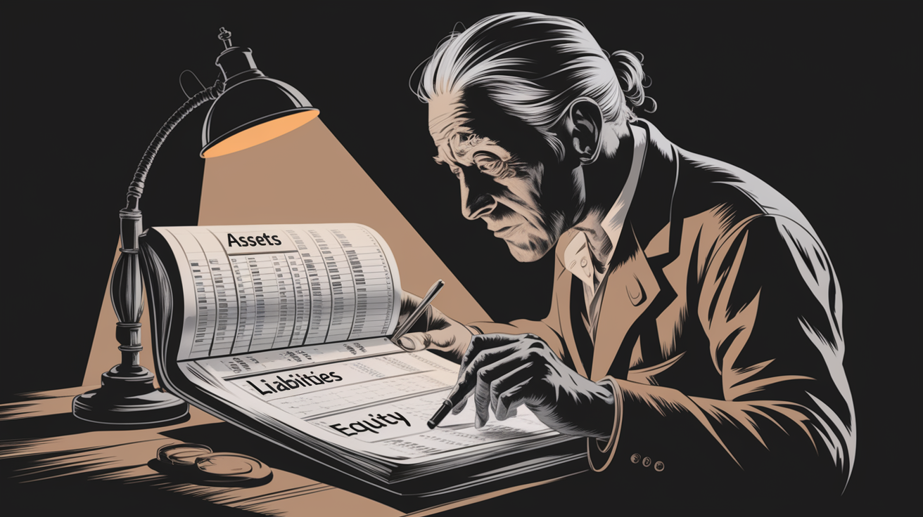 Charcoal illustration of an accountant reviewing a ledger filled with debits and credits.