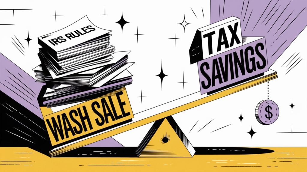 A seesaw with "Wash Sale" weighed down by "IRS Rules" and "Tax Savings" lifted by a "Loss" coin.